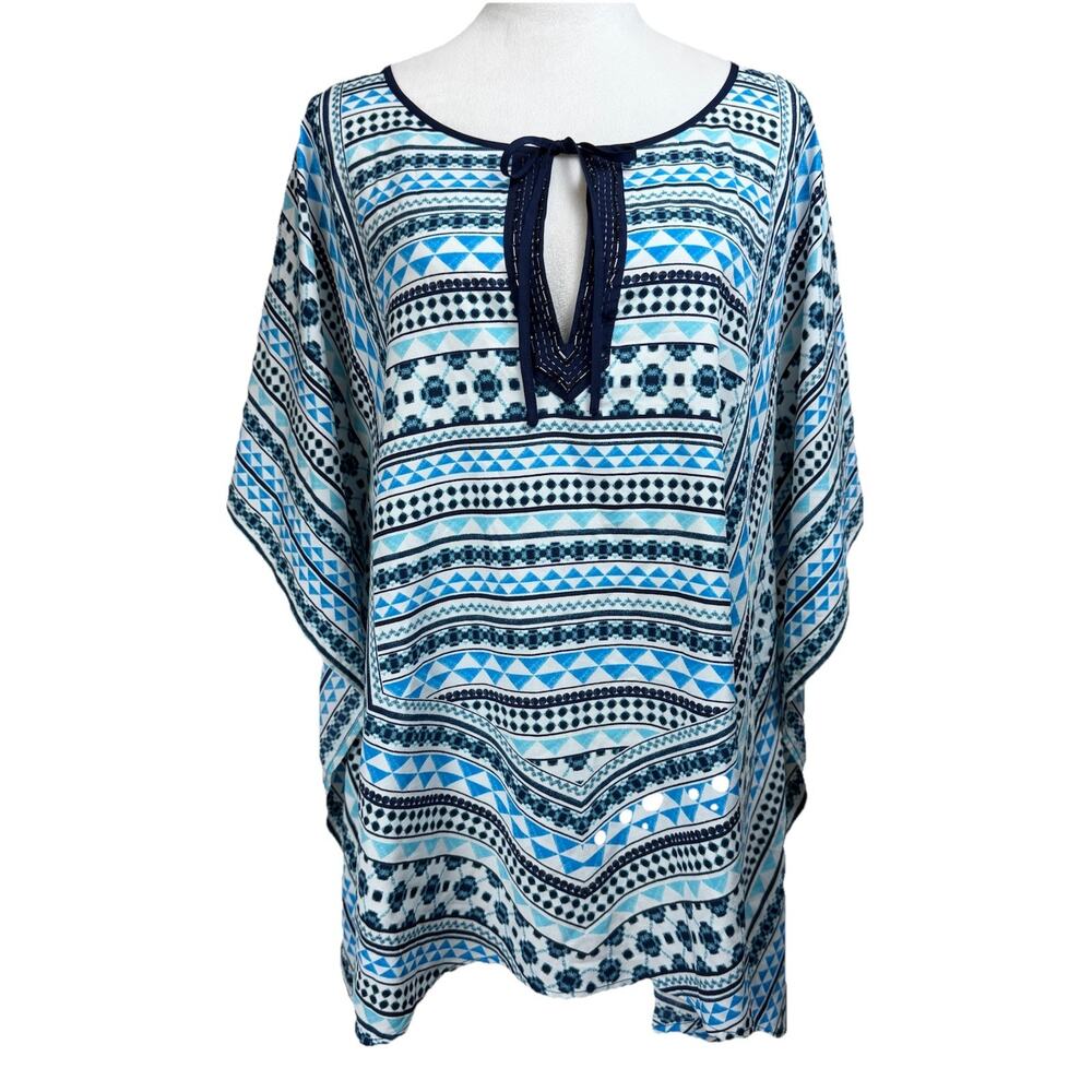 Lane Bryant 14/16 Blue White Tribal Print Kaftan Poncho Blouse Boho Resort Wear